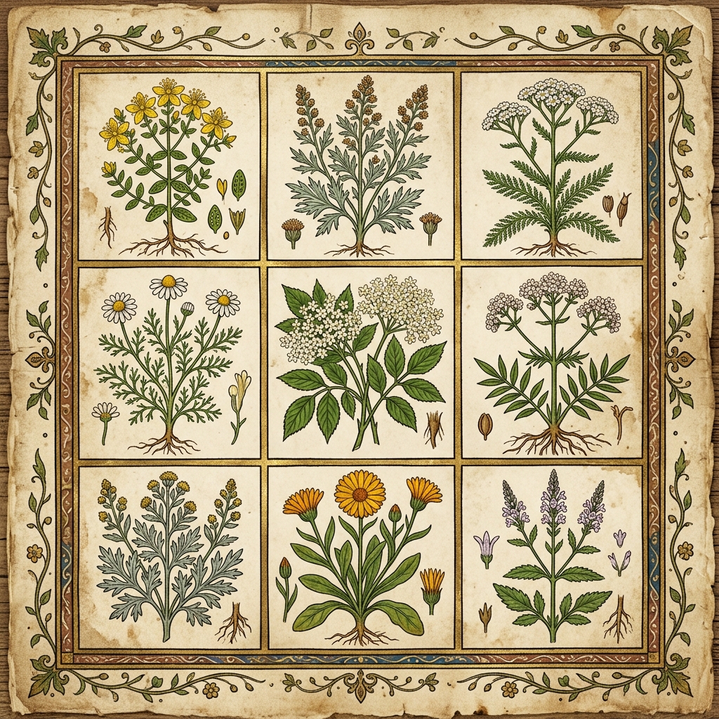 Medicinal herbs for midsummer: St John's wort, camomile, elderflower and valerian in a medieval depiction