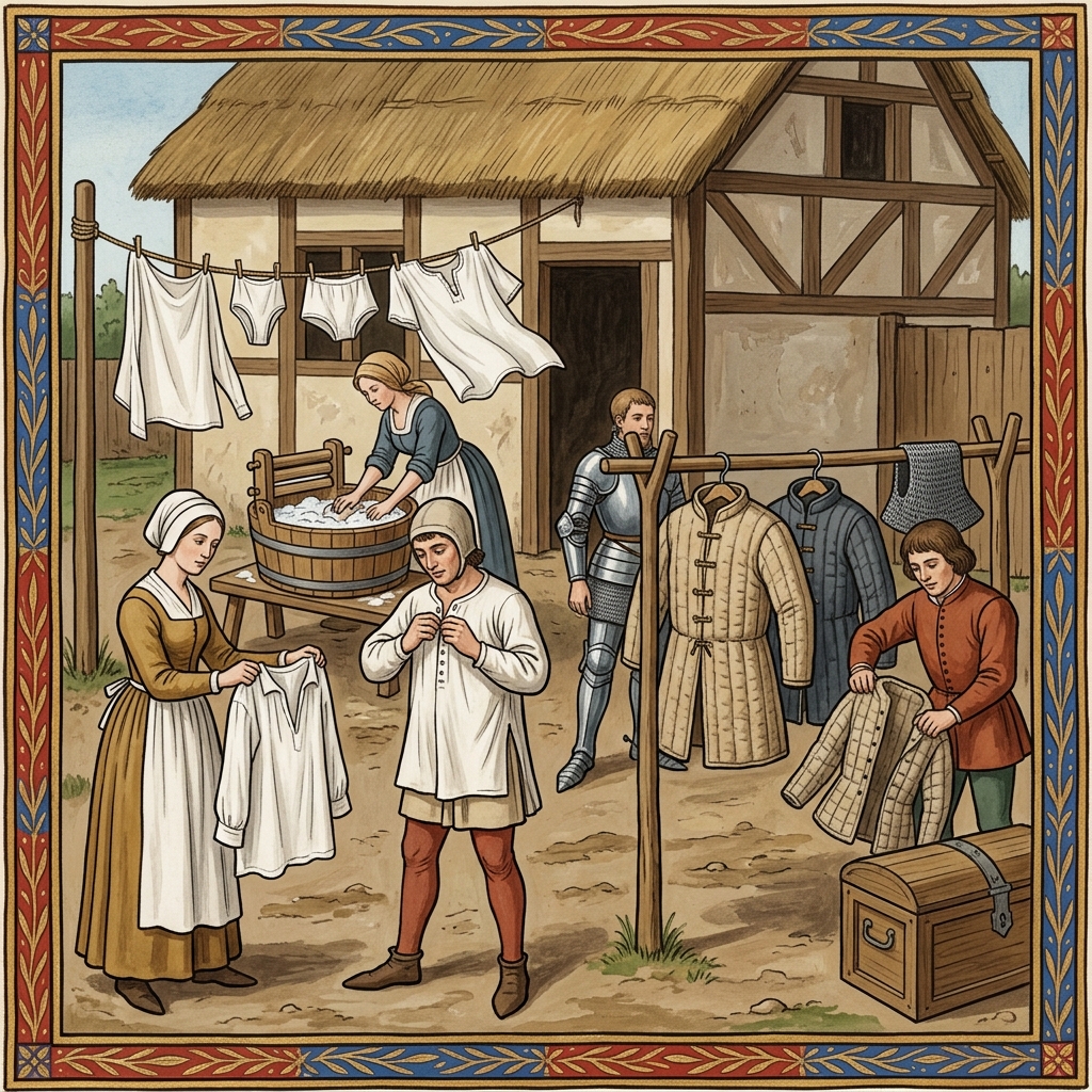 A knight airing and drying his gambeson and linen undergarments in the Middle Ages