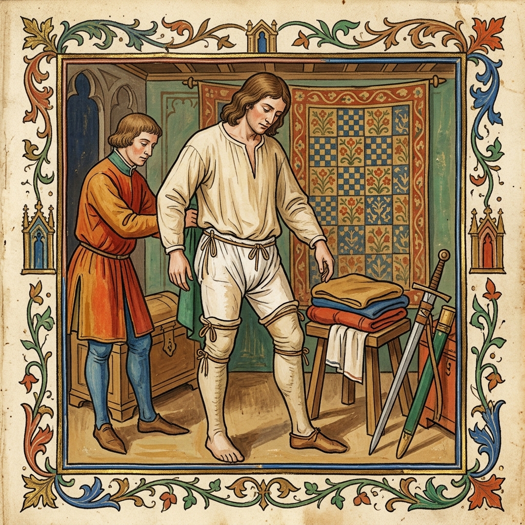 A knight in undergarments: a linen shirt, breeches and stockings as the innermost layer beneath his armour