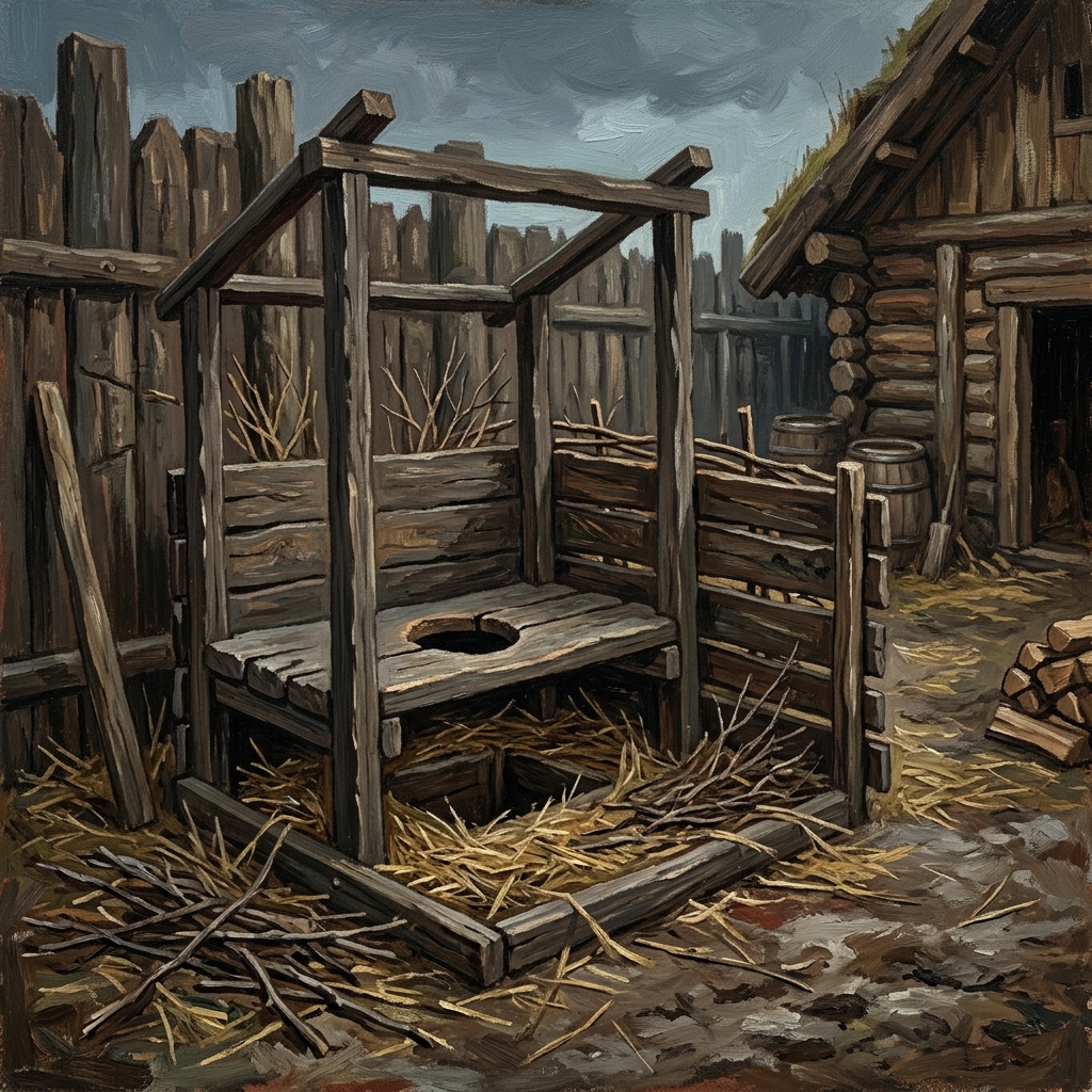 Viking hygiene: A simple wooden latrine frame with a seat and a hole over a pit lined with straw