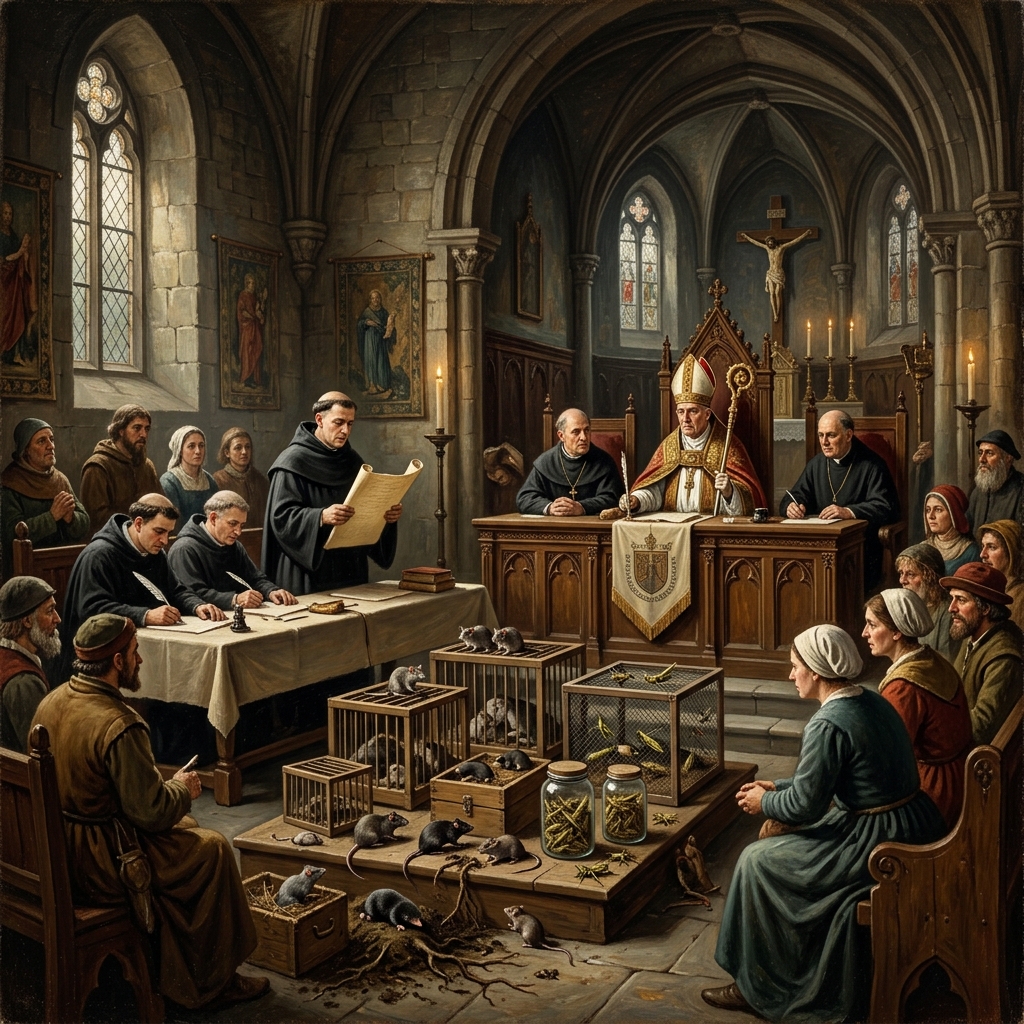 Medieval Laws: A painting depicting a trial against rats and locusts before an ecclesiastical court