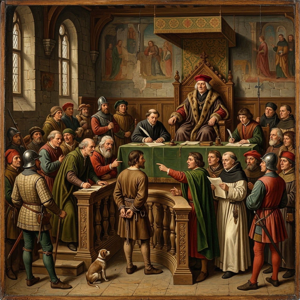 Painting depicting a medieval court hearing with a judge and the accused – historical medieval laws