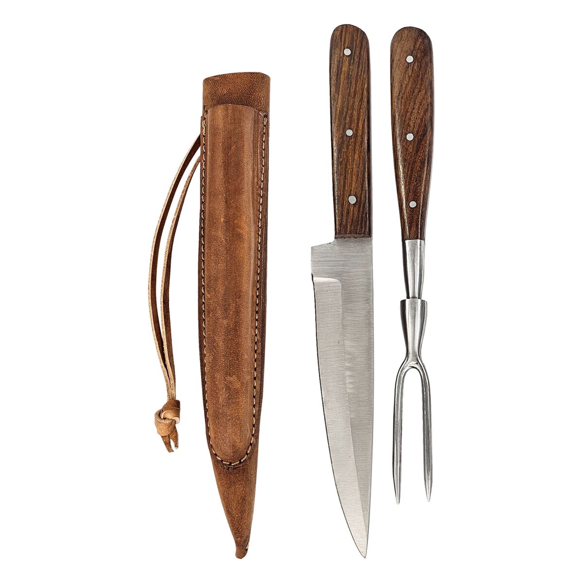 Medieval cutlery set with fork in double leather sheath wood