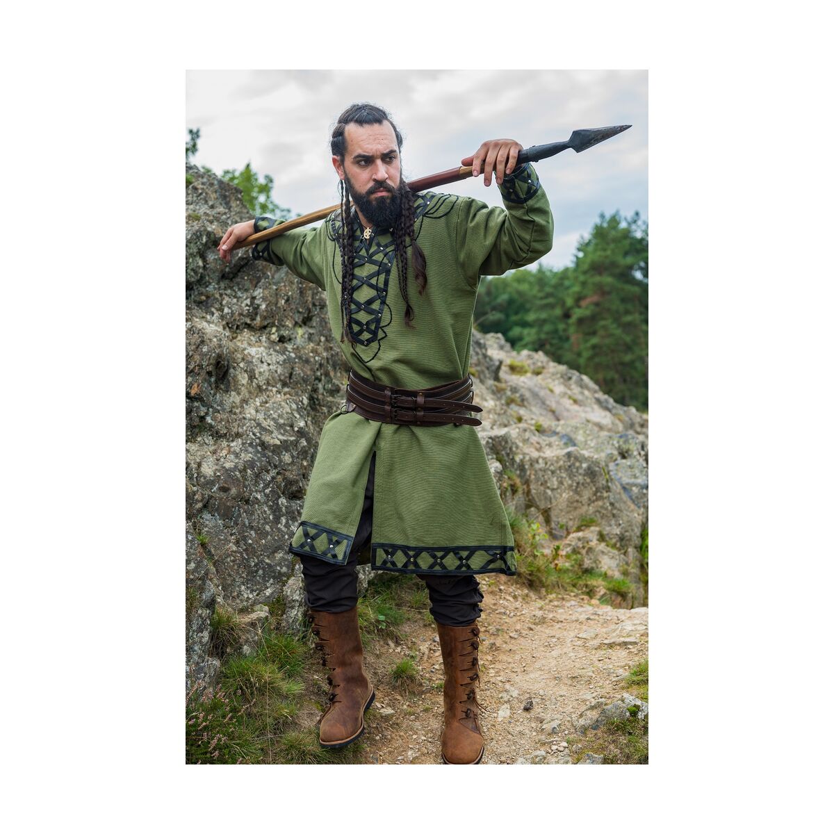 Viking tunic with genuine leather applications - green M