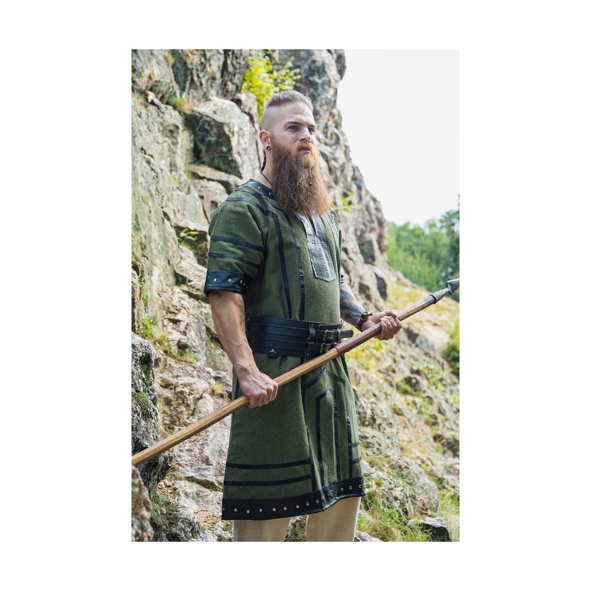 Viking short-sleeved Tunic with leather applications - green XXL