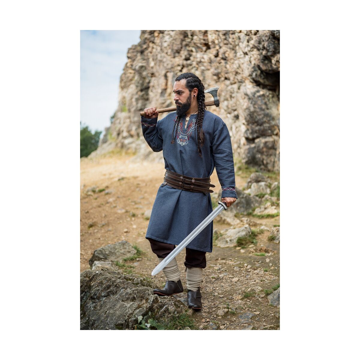 Viking Tunic with embroidery - blue-grey M