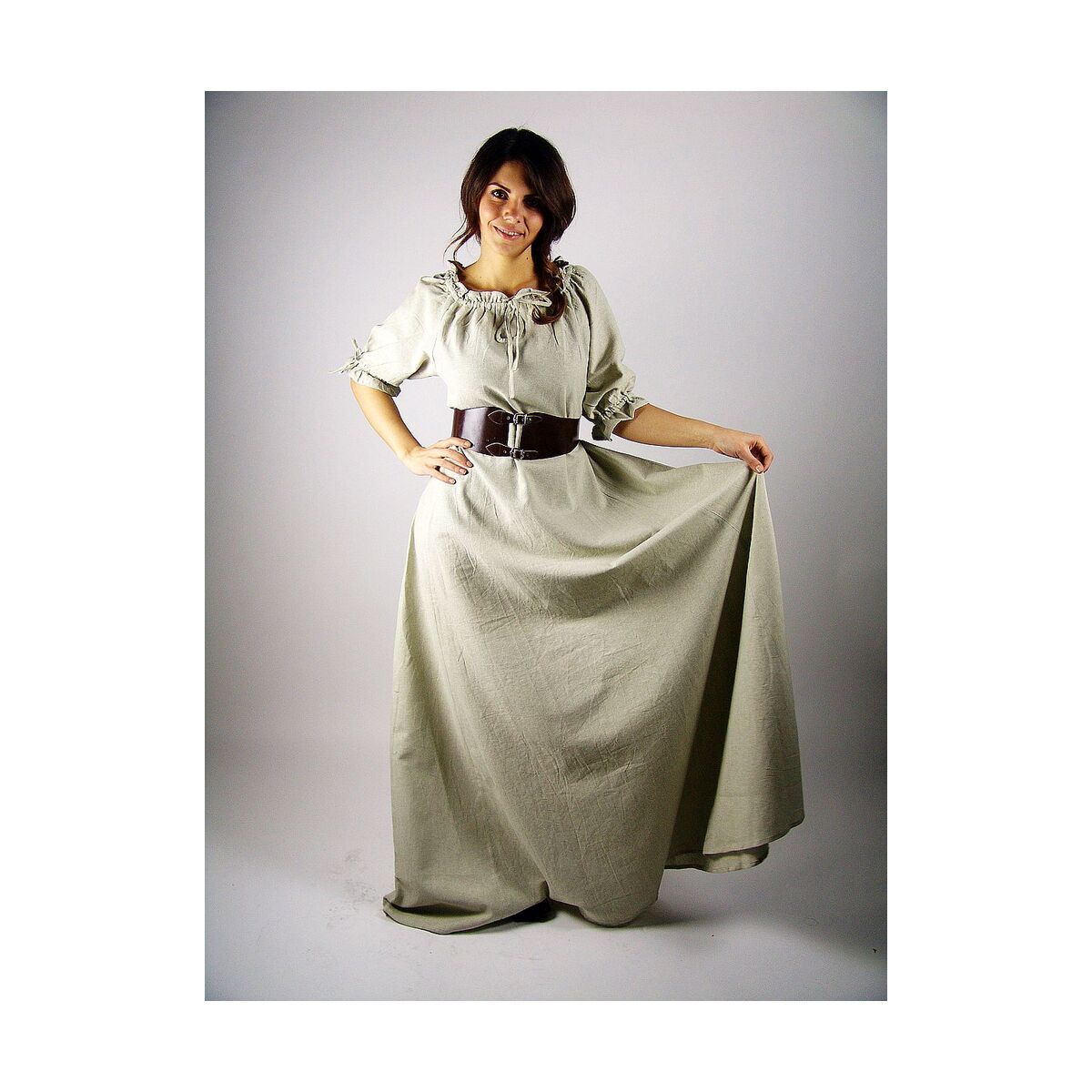 Floor length short sleeve dress hemp color "Melisande" M