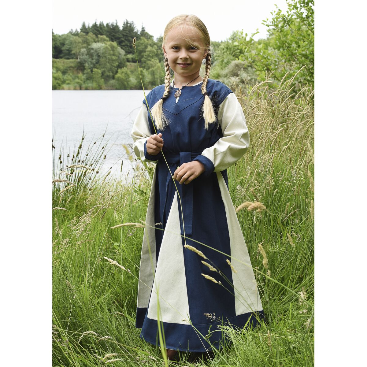 Children's Viking dress Solveig, long sleeve, blue / nature, 146