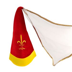 Red/yellow maiden’s hat with veil