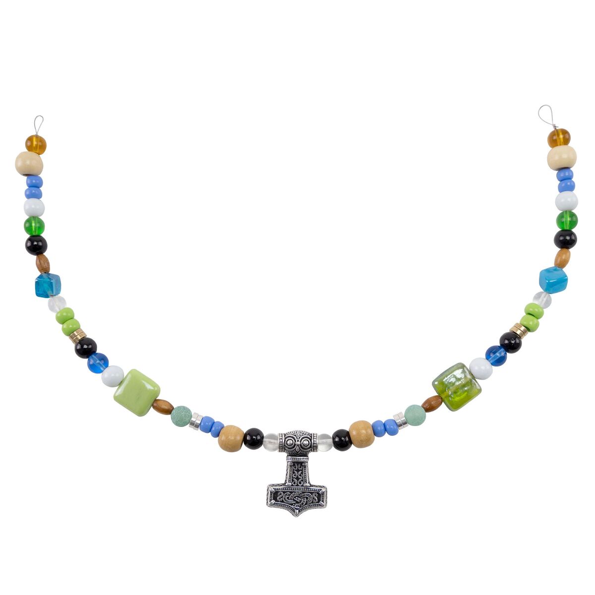 Viking brooch necklace blue-green with pendant Thorshammer silver plated