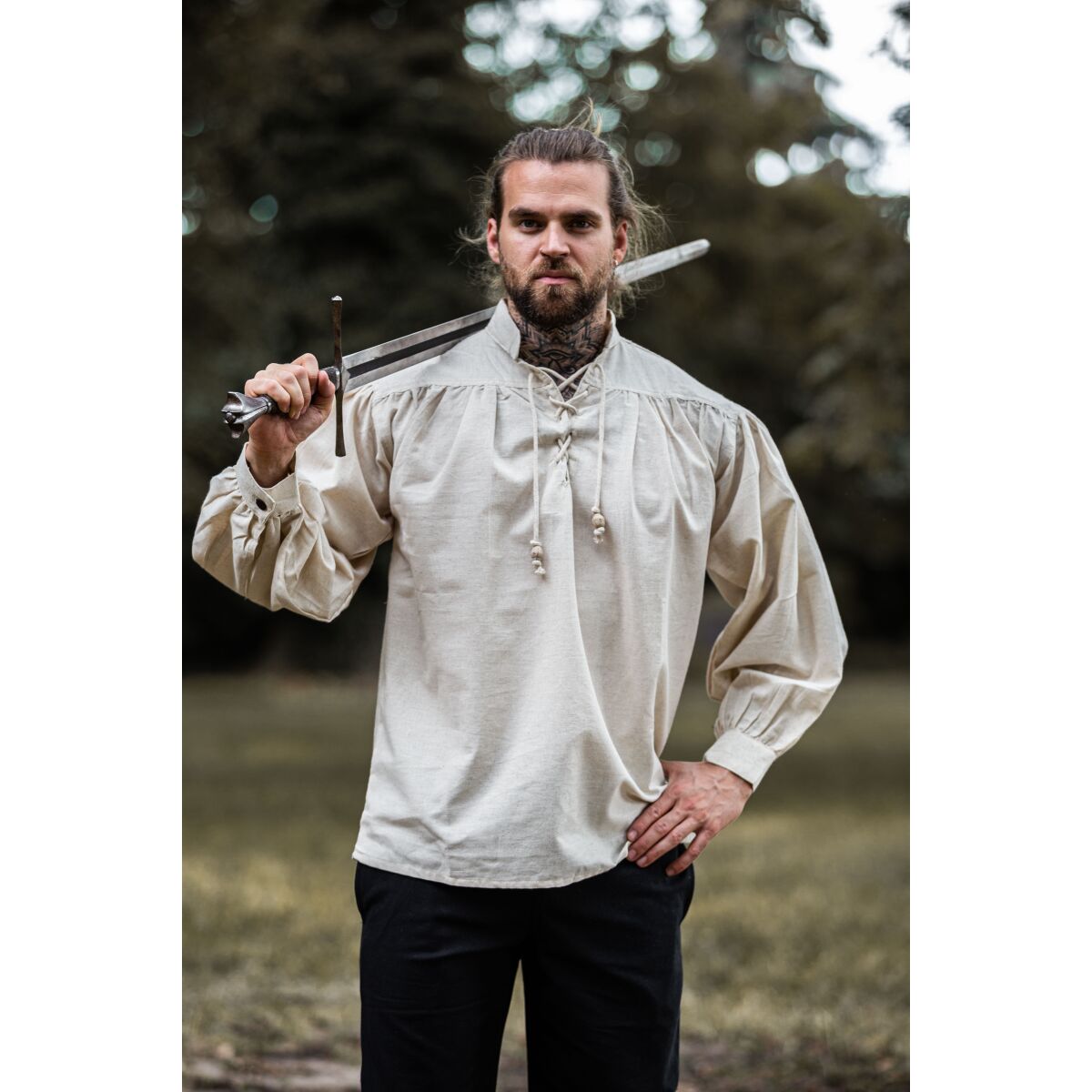 Renaissance stand-up collar lace shirt cotton / linen