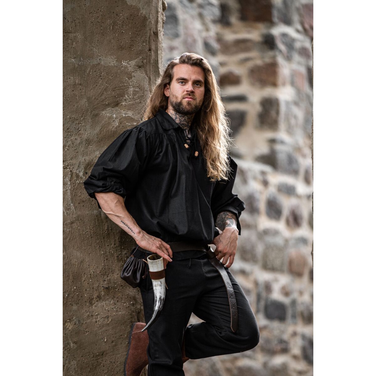 Mottled stand-up collar lace-up shirt "Georg" Black XXL