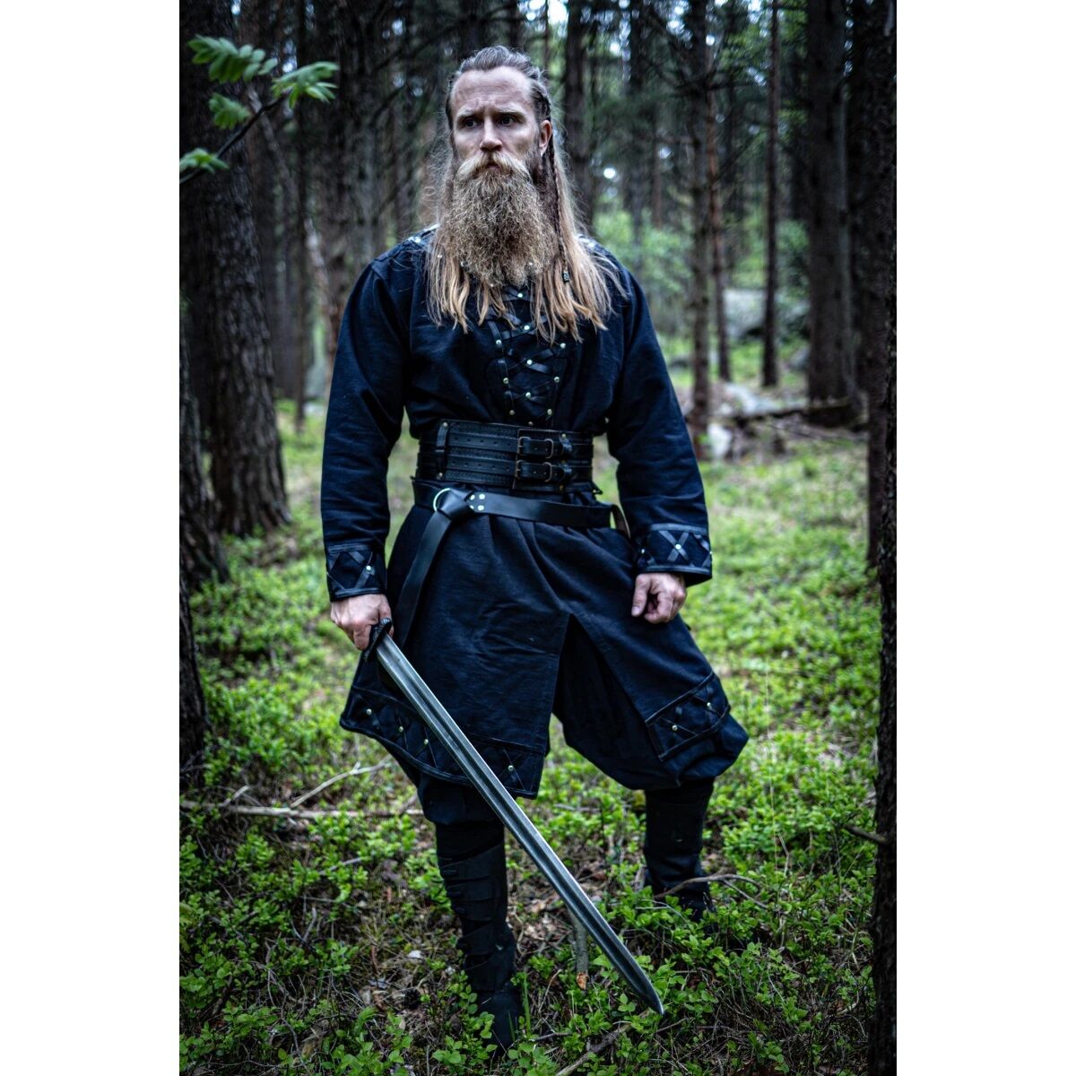 Viking tunic with genuine leather applications - black S