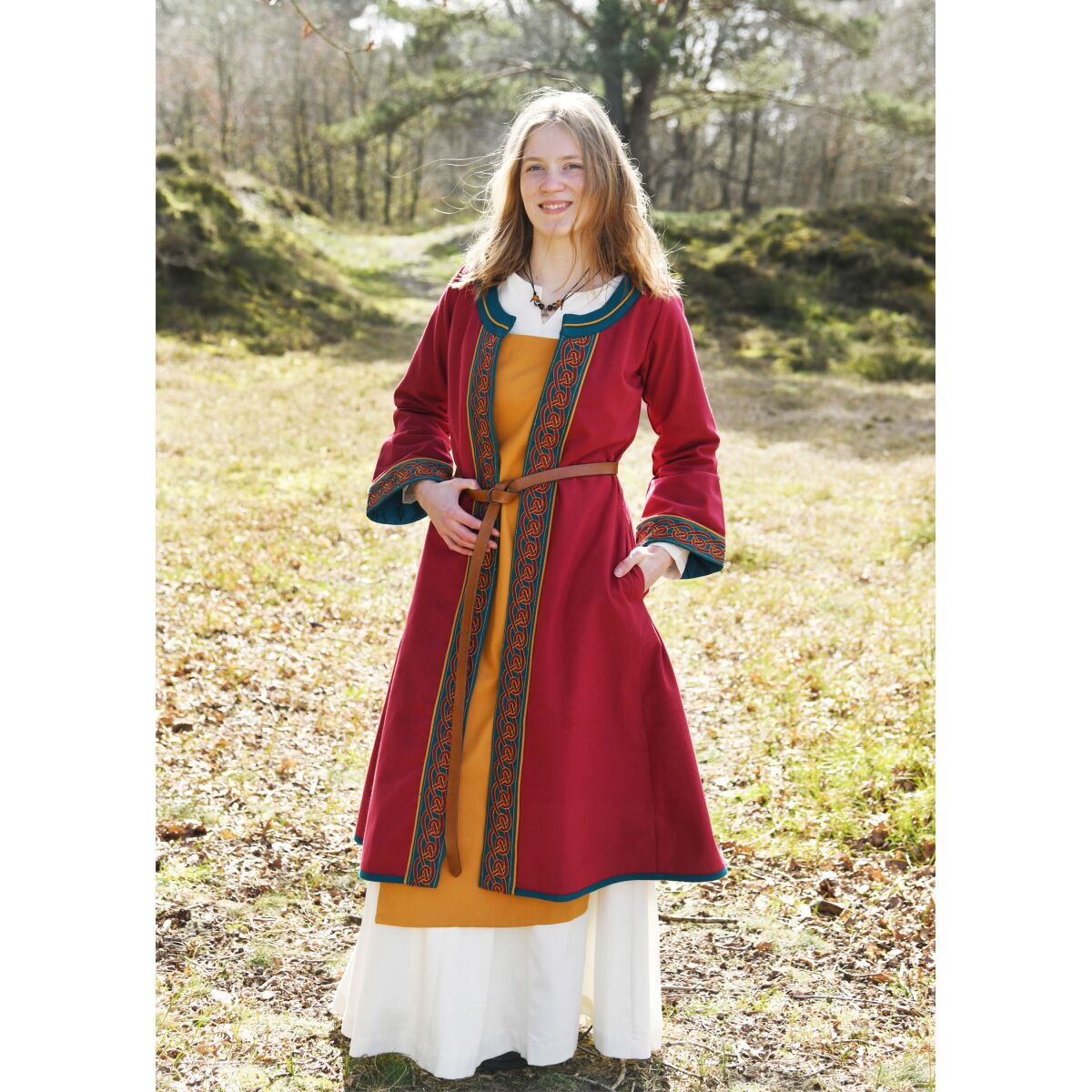 Embroidered Viking coat, wine-red/petrol "Ella" XL