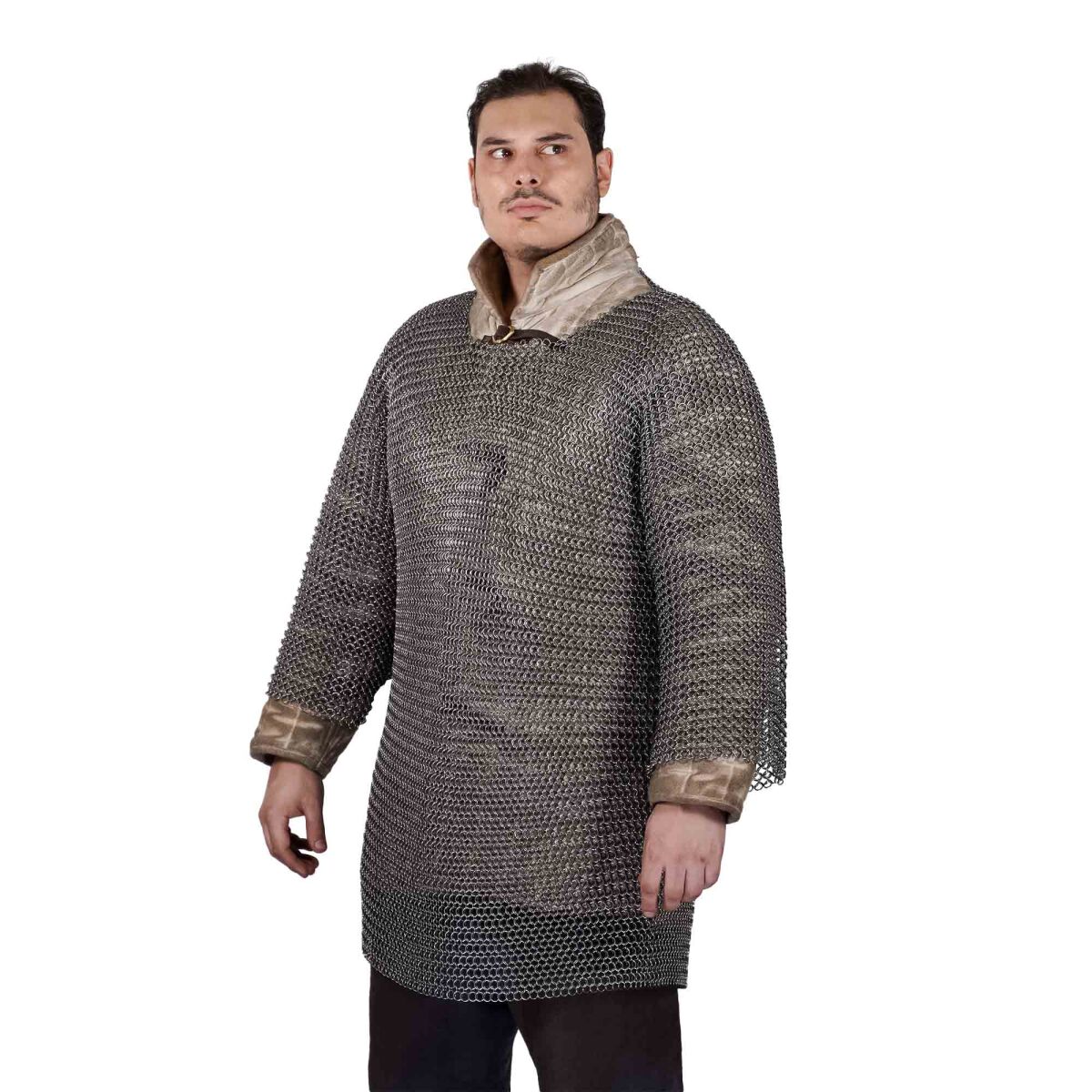 Round Ring Chainmail Medieval Half Sleeves Shirt Haubergeon, Butted, ID 9 mm, Spring Steel - XL