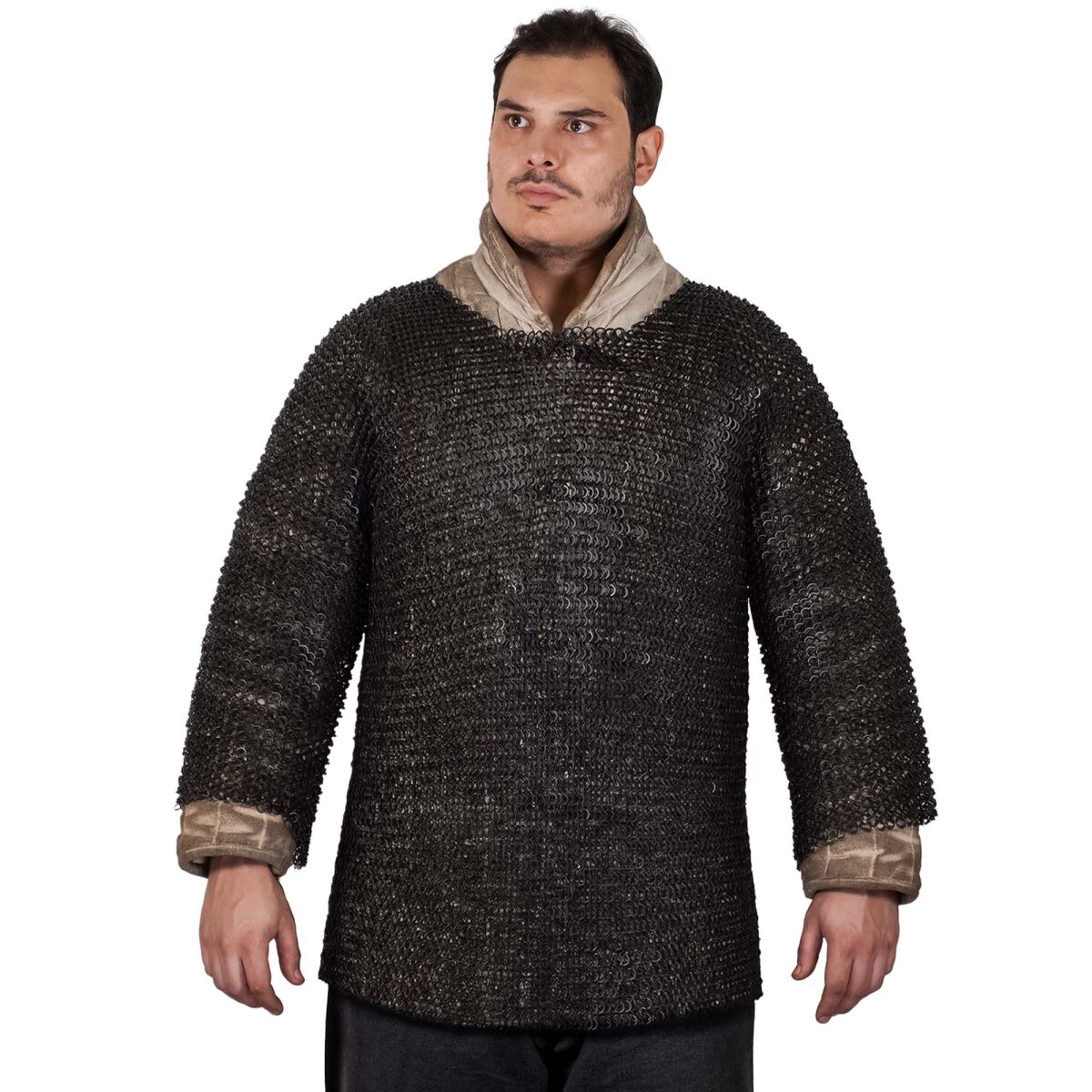 Half Sleeves Chainmail Shirt Haubergeon Alternating Dome Riveted Round Rings - XL
