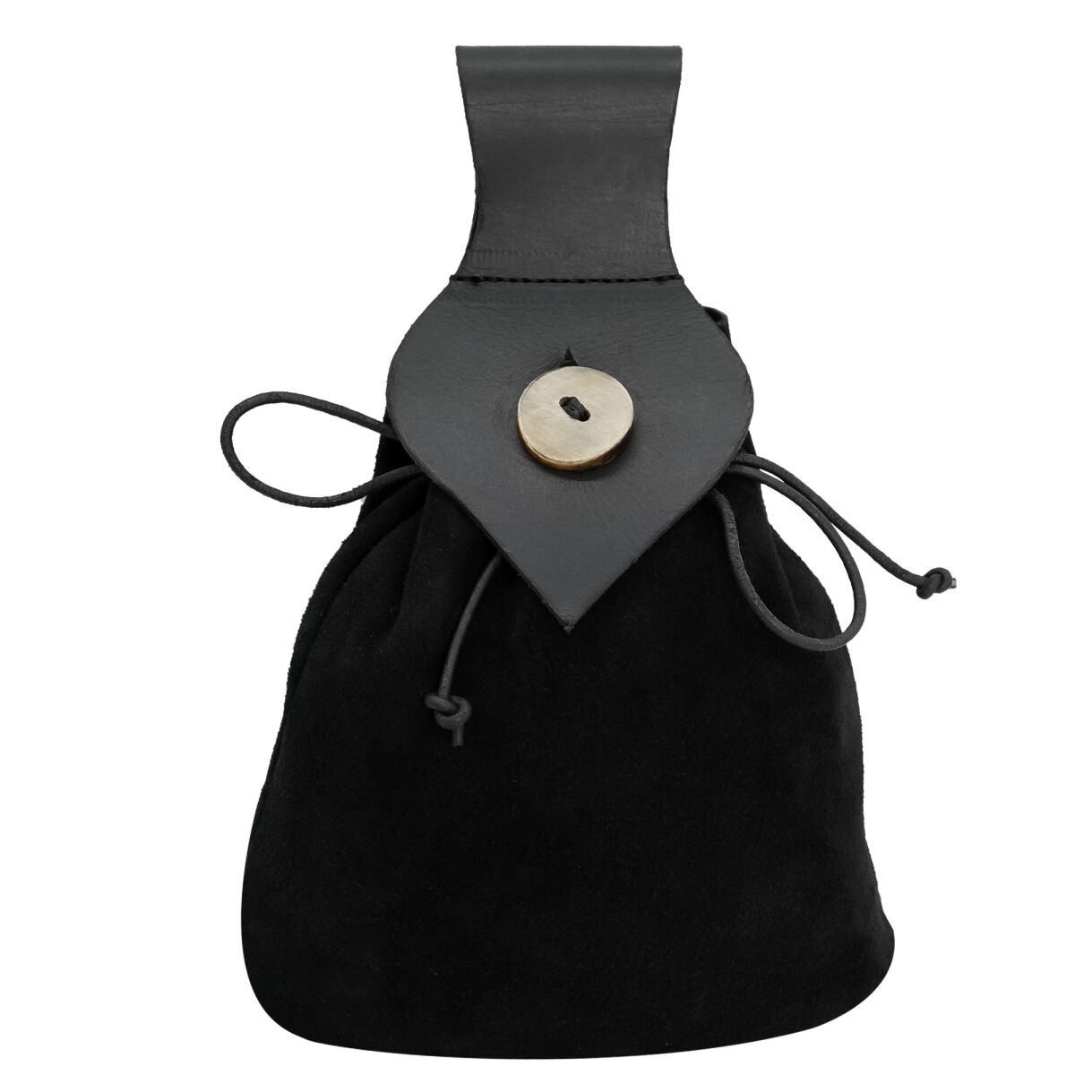 Medieval Leather Belt Pouch with Genuine Horn Button Closure - Black