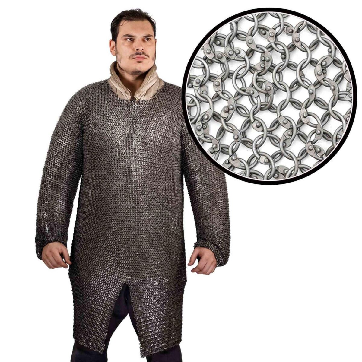 Round Ring Chainmail Hauberk Shirt, Riveted, ID 10mm, Natural - XXL