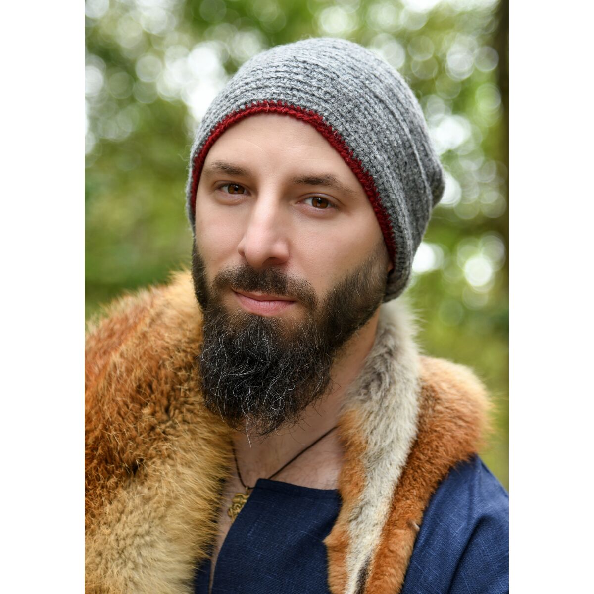 Wool hat, crocheted, gray-wine red