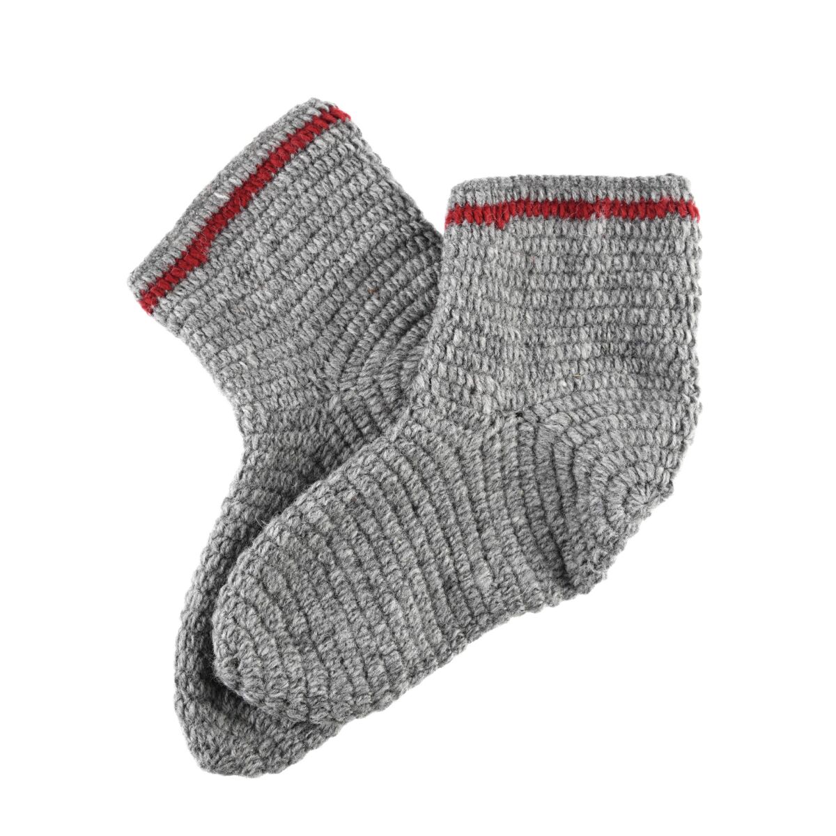 Wool socks, crocheted, gray-wine red