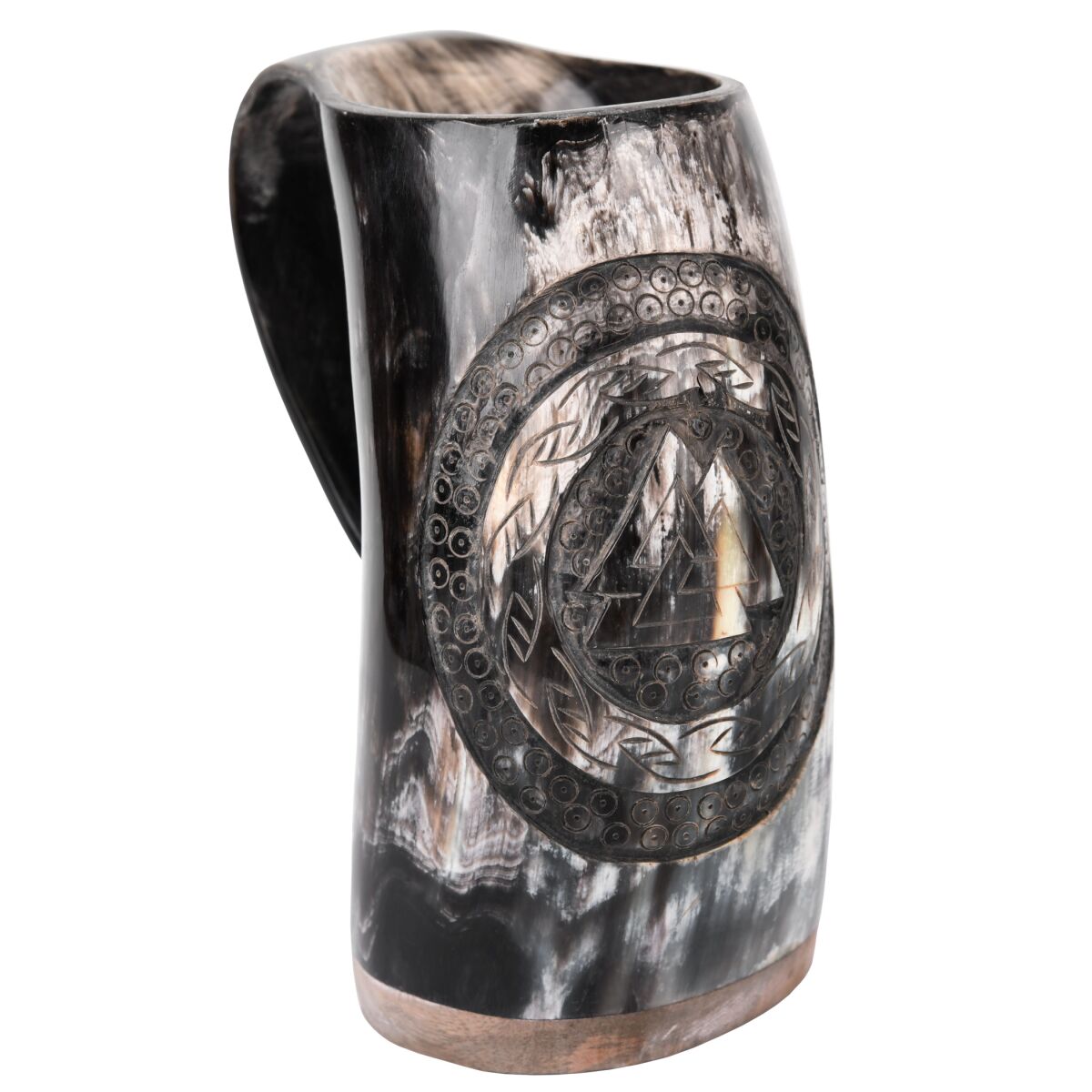 Horn cup, beer mug with wooden base and  box