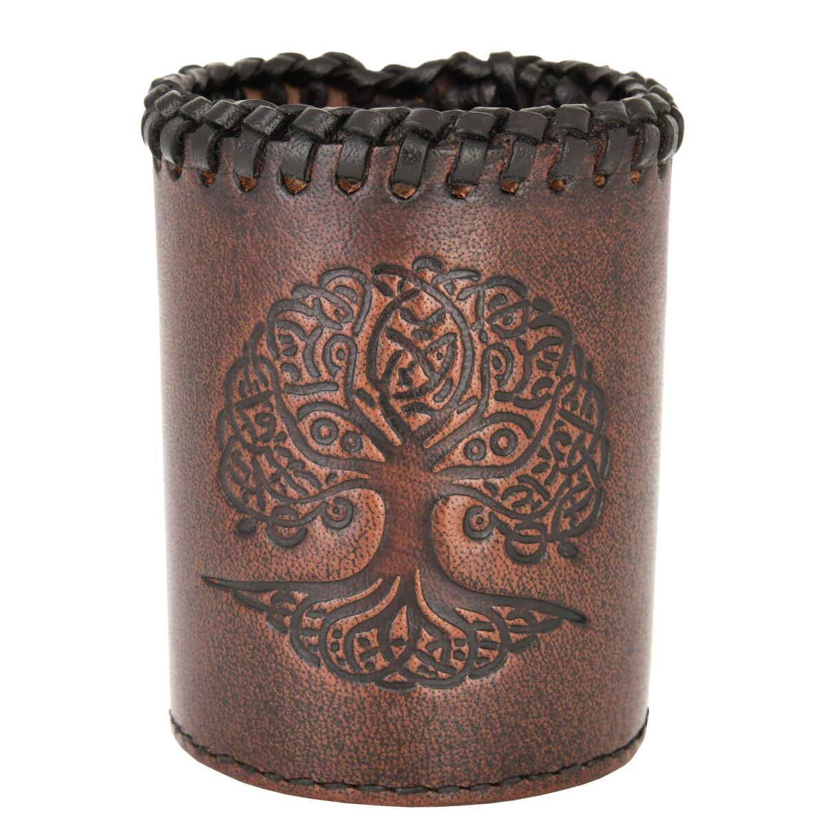 Leather dice cup with Yggdrasil embossing and lid, brown