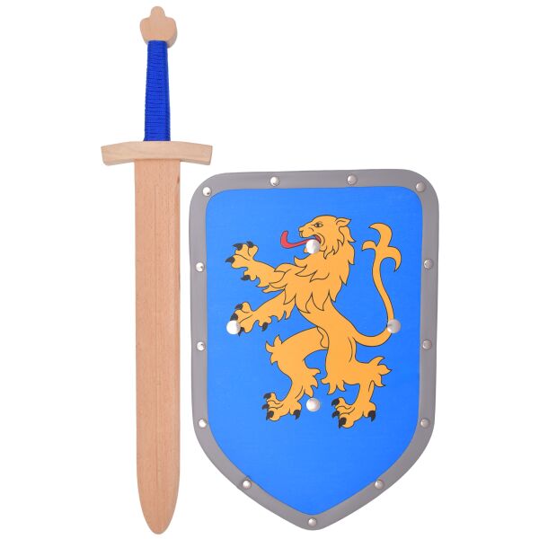 Wooden sword and shield set with a lion design for children