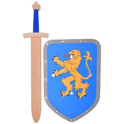 Wooden sword and shield set with a lion design for children
