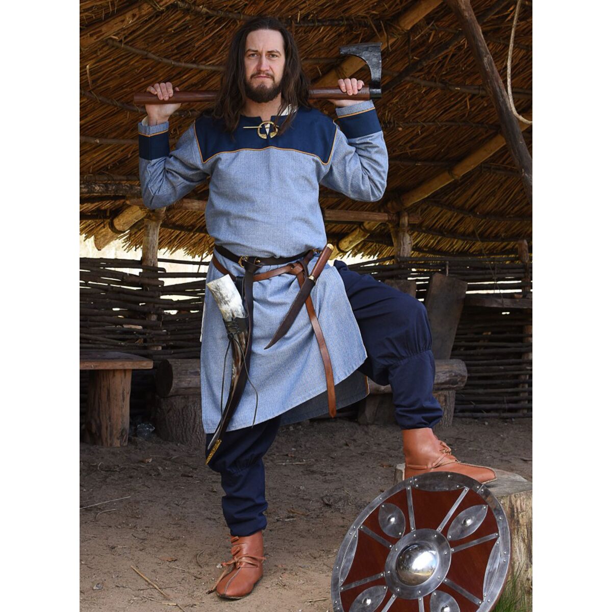 Viking Tunic Ove with Herringbone Pattern, blue XL