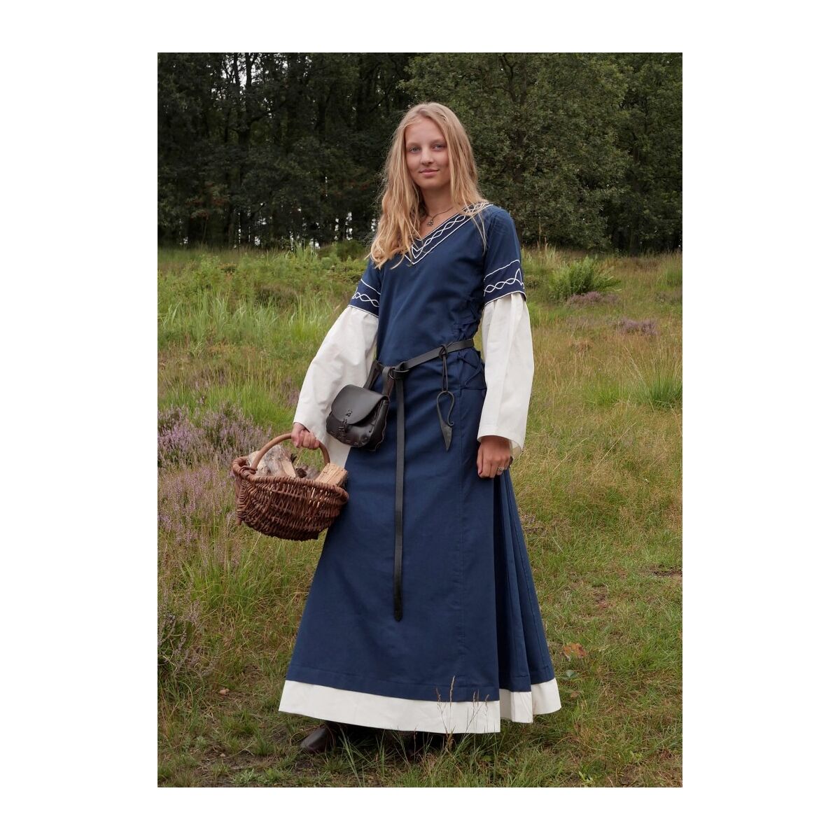 High medieval dress Alvina with trumpet sleeves blue/natural white size XXL